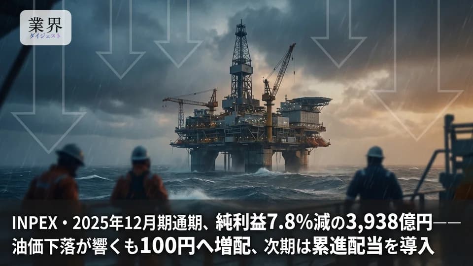 INPEX・2025年12月期通期、純利益7.8%減の3,938億円——油価下落が響くも100円へ増配、次期は累進配当を導入