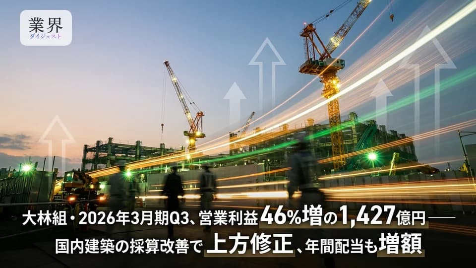 大林組・2026年3月期Q3、営業利益46%増の1,427億円——国内建築の採算改善で上方修正、年間配当も増額