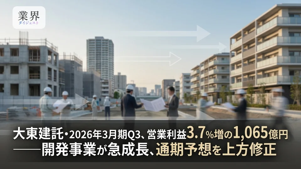 大東建託・2026年3月期Q3、営業利益3.7%増の1,065億円——開発事業が急成長、通期予想を上方修正
