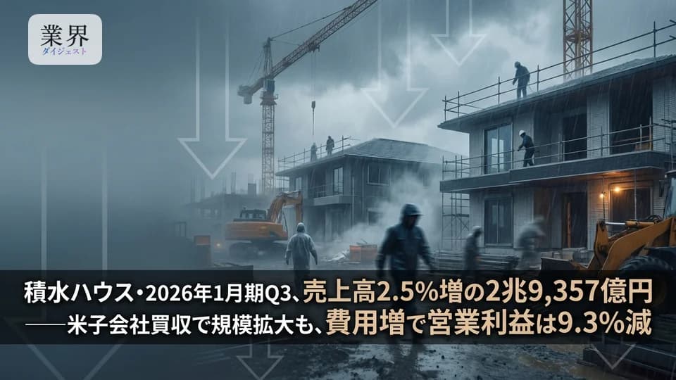 積水ハウス・2026年1月期Q3、売上高2.5%増の2兆9,357億円——米子会社買収で規模拡大も、費用増で営業利益は9.3%減