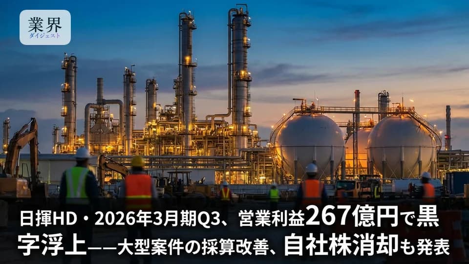 日揮HD・2026年3月期Q3、営業利益267億円で黒字浮上——大型案件の採算改善、自社株消却も発表