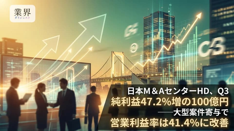日本Ｍ＆ＡセンターHD、Q3純利益47.2%増の100億円——大型案件寄与で営業利益率は41.4%に改善