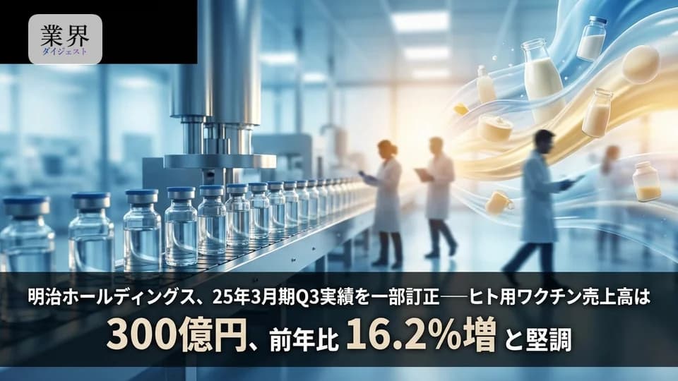 明治ホールディングス、25年3月期Q3実績を一部訂正——ヒト用ワクチン売上高は300億円、前年比16.2%増と堅調