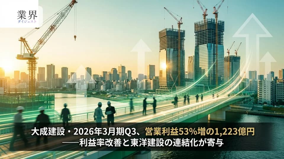 大成建設・2026年3月期Q3、営業利益53%増の1,223億円——建築・土木の採算改善が寄与、東洋建設を連結化