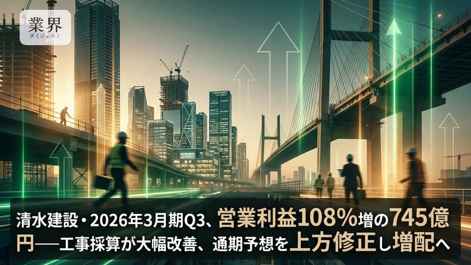 清水建設・2026年3月期Q3、営業利益108%増の745億円——工事採算が大幅改善、通期予想を上方修正し増配へ