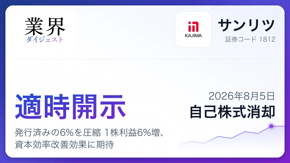 サンリツが自己株消却、発行済みの6%を圧縮 1株利益6%増、資本効率改善効果に期待