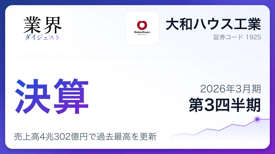大和ハウス工業・2026年3月期Q3、売上高4兆302億円で過去最高を更新——米国の戸建・賃貸事業が成長を牽引