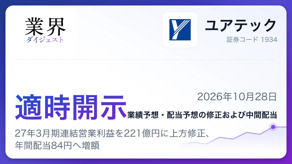ユアテック、27年3月期連結営業利益を221億円に上方修正、年間配当84円へ増額