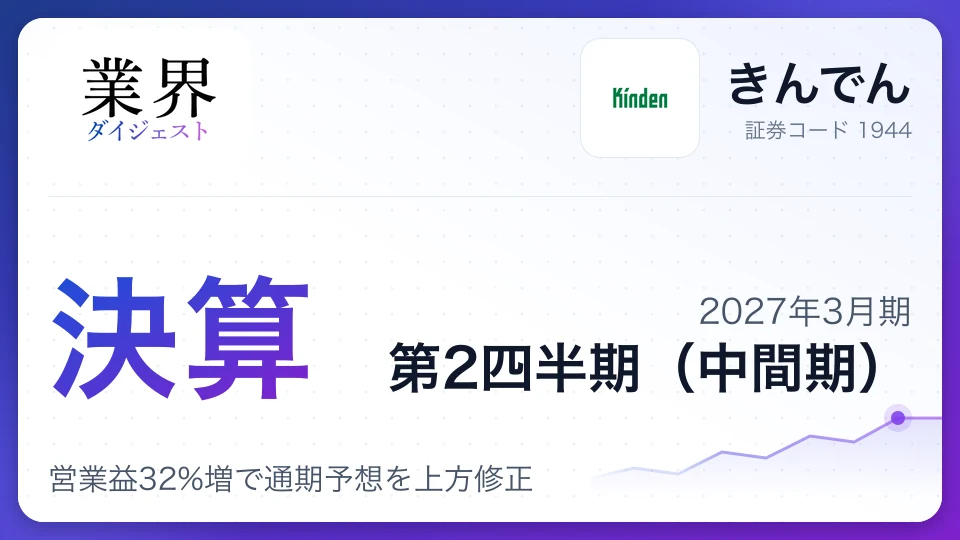 Kinden Q2 FY2027: Operating profit jumps 32%, outlook raised