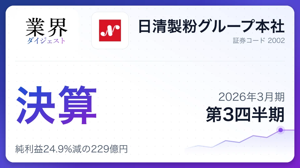 日清製粉G・2026年3月期Q3、純利益24.9%減の229億円——インド事業の減損響くも通期予想は据え置き