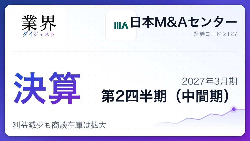日本M&Aセンター、2027年3月期第2四半期決算、利益減少も商談在庫は拡大