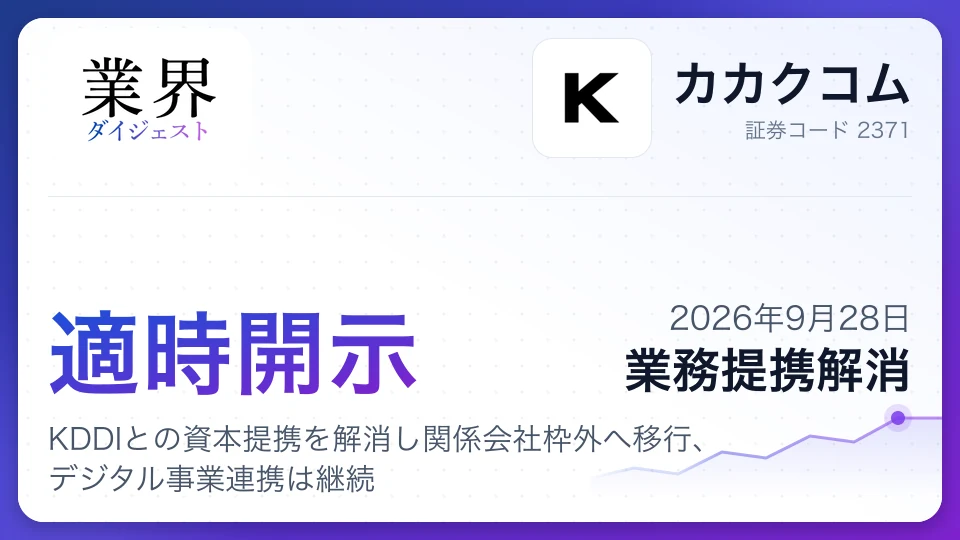 カカクコム、KDDIとの資本提携を解消し関係会社枠外へ移行、デジタル事業連携は継続