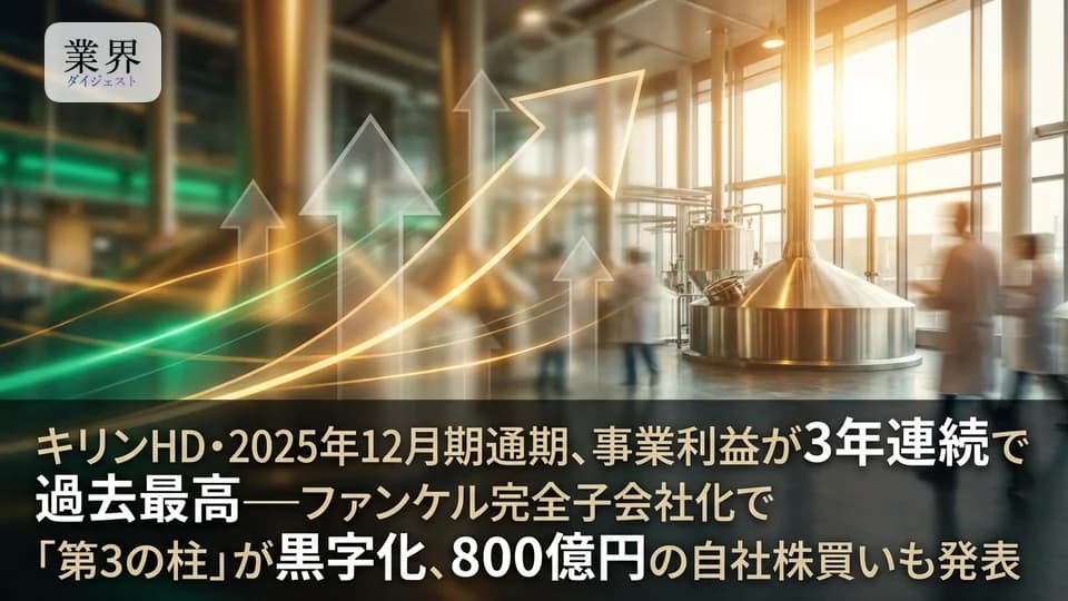 キリンHD・2025年12月期通期、事業利益19.3%増で過去最高——ファンケル完全子会社化でヘルスサイエンス黒字転換、800億円の自社株買い発表