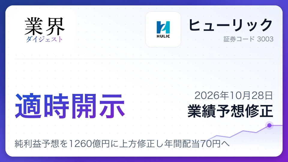ヒューリック、2026年12月期純利益予想を1260億円に上方修正し年間配当70円へ