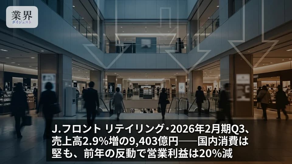 J.フロント・2026年2月期Q3、売上収益3.8%増の3,281億円——国内消費は堅調、一過性利益の反動で営業利益は20%減