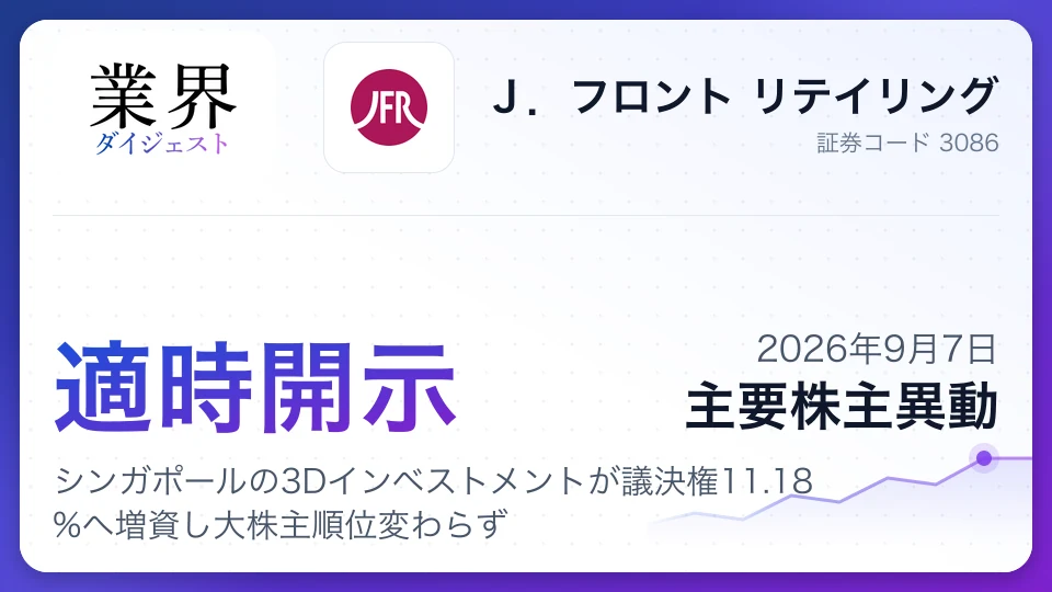 Jフロントリテイリング、シンガポールの3Dインベストメントが議決権11.18%へ増資し大株主順位変わらず