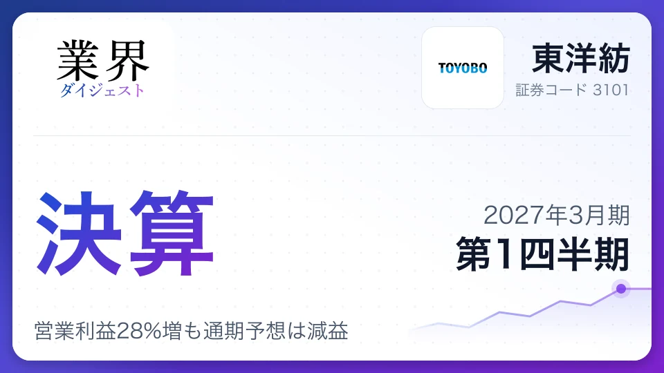 東洋紡、2027年3月期第1四半期決算、営業利益28%増も通期予想は減益