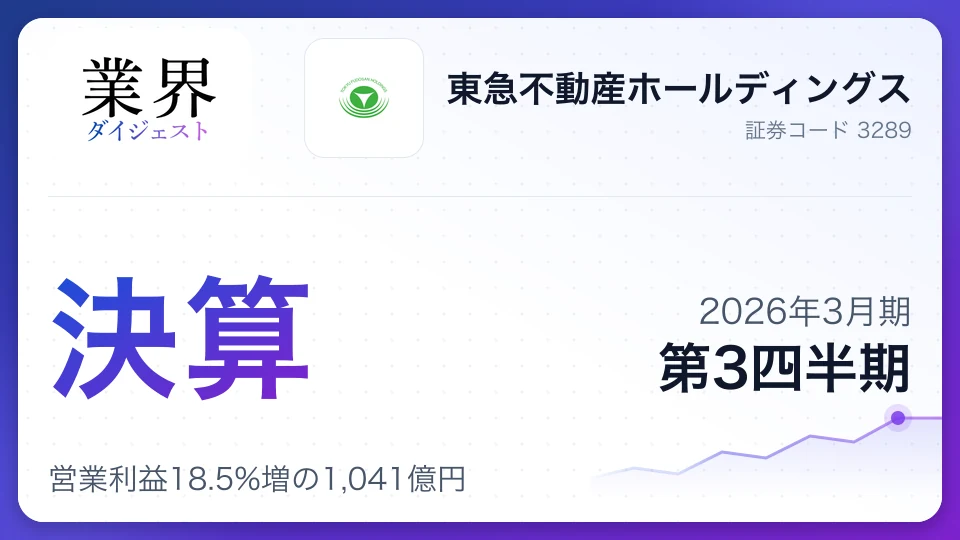 東急不動産HD・2026年3月期Q3、営業利益18.5%増の1,041億円——都市開発事業が大幅増益を牽引、通期増配も公表通り