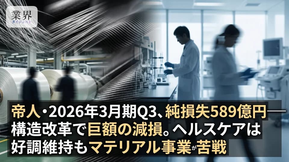帝人・2026年3月期Q3、純損失589億円に転落——アラミド・炭素繊維で608億円の巨額減損、構造改革を急ぐ