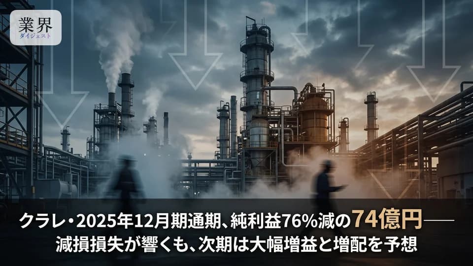 クラレ・2025年12月期通期、純利益76.5%減の74億円——事業減損が重荷も、次期は64円への増配・自社株買い発表