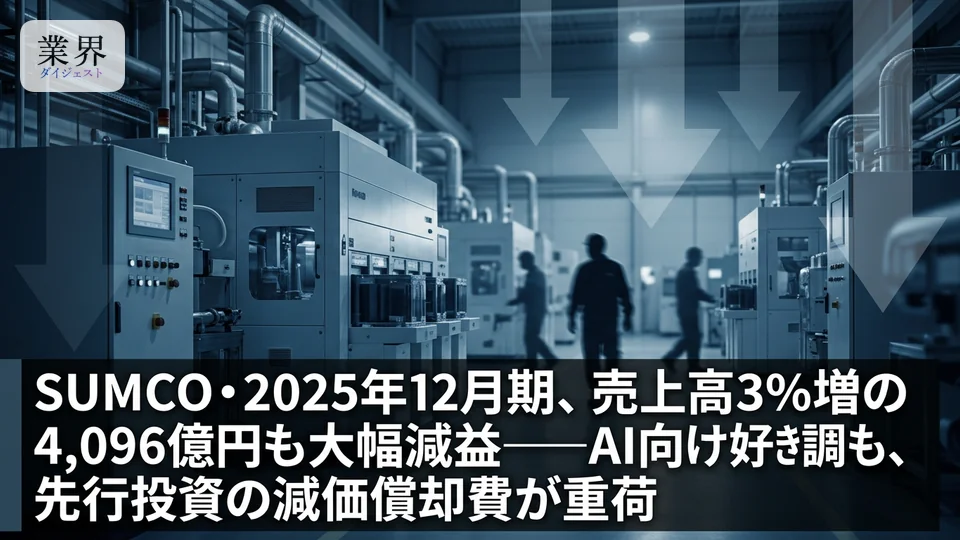SUMCO・2025年12月期通期、売上高3.3%増も最終赤字117億円——AI需要好調の一方で減価償却費が重荷