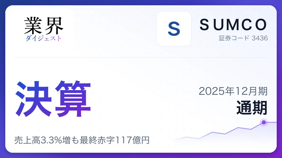 SUMCO・2025年12月期通期、売上高3.3%増も最終赤字117億円——AI需要好調の一方で減価償却費が重荷