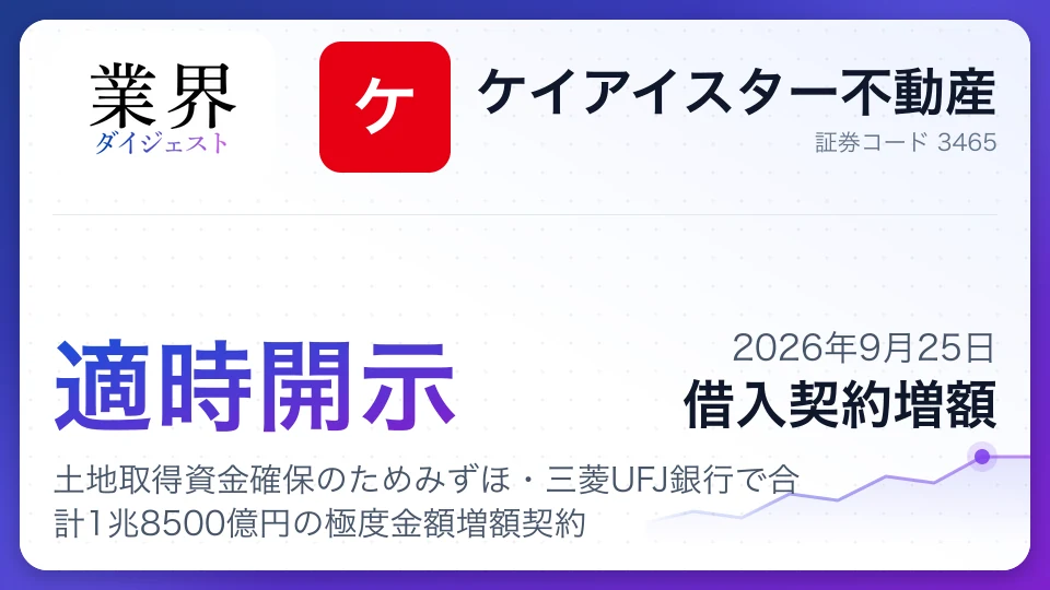 ケイアイスター、土地取得資金確保のためみずほ・三菱UFJ銀行で合計1兆8500億円の極度金額増額契約