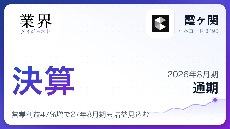 霞ヶ関、2026年8月期通期決算、営業利益47%増で27年8月期も増益見込む
