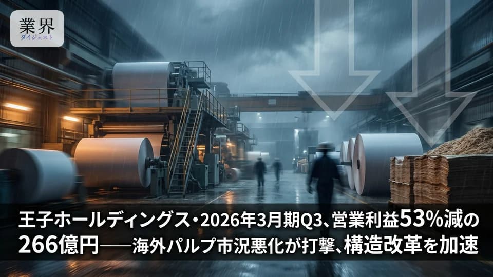 王子ホールディングス・2026年3月期Q3、営業利益53.2%減の266億円——海外パルプ市況悪化が直撃、構造改革を加速