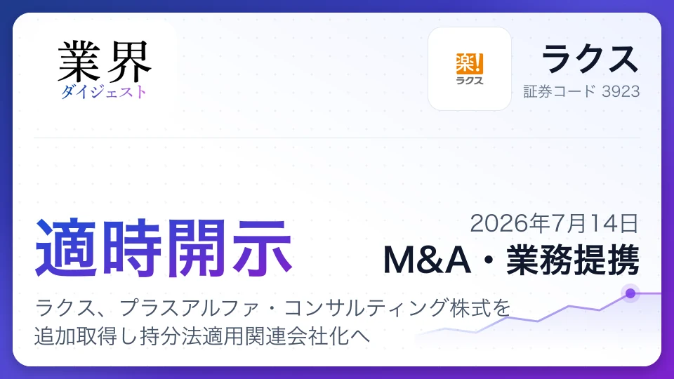 ラクス、プラスアルファ・コンサルティング株式を追加取得し持分法適用関連会社化へ