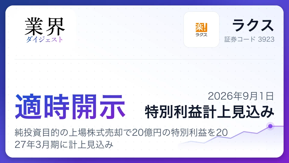 ラクス、純投資目的の上場株式売却で20億円の特別利益を2027年3月期に計上見込み