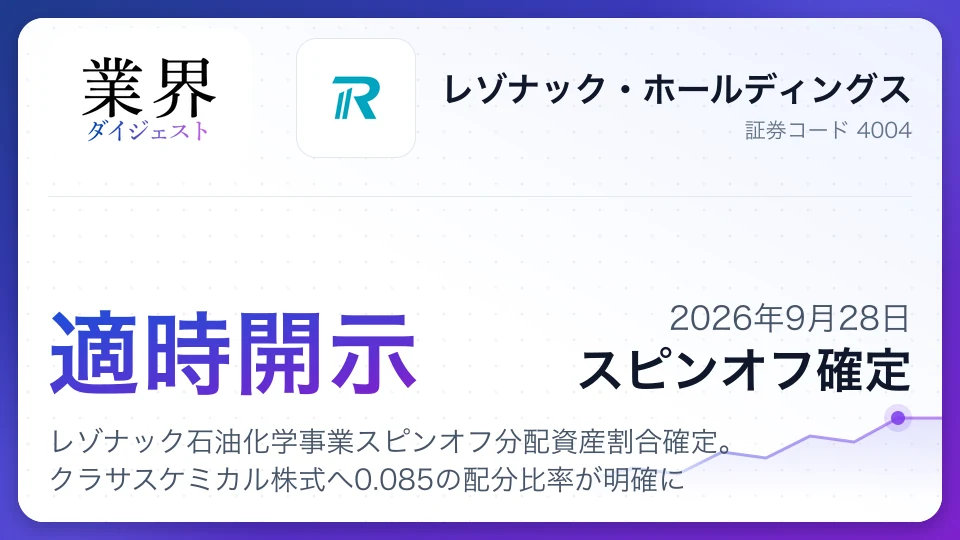レゾナック石油化学事業スピンオフ分配資産割合確定。クラサスケミカル株式へ0.085の配分比率が明確に