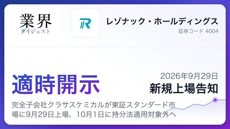 レゾナック、完全子会社クラサスケミカルが東証スタンダード市場に9月29日上場、10月1日に持分法適用対象外へ