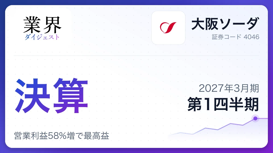 大阪ソーダ、2027年3月期第1四半期決算、営業利益58%増で最高益