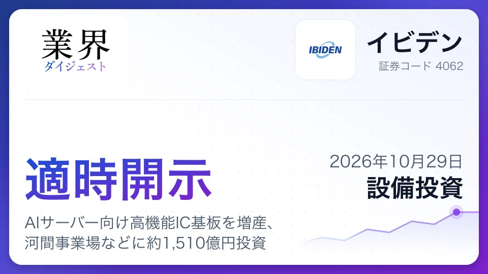イビデン、AIサーバー向け高機能IC基板を増産、河間事業場などに約1,510億円投資