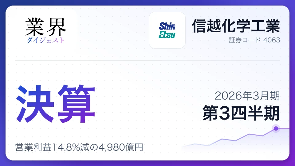 信越化学工業・2026年3月期Q3、営業利益14.8%減の4,980億円——塩ビ市況の軟化が重石、AI向け半導体材料は堅調維持