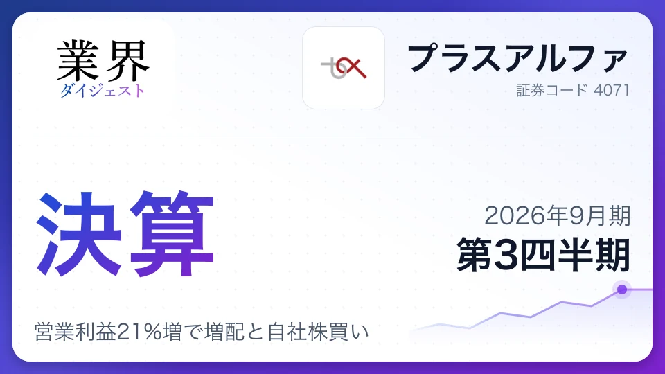 プラスアルファ、2026年9月期第3四半期決算、営業利益21%増で増配と自社株買い