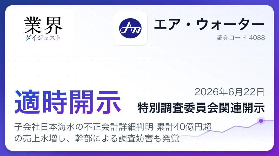 エア・ウォーター、子会社日本海水の不正会計詳細判明 累計40億円超の売上水増し、幹部による調査妨害も発覚