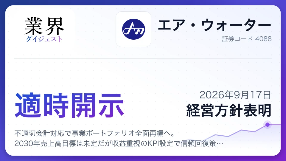 エア・ウォーター、不適切会計対応で事業ポートフォリオ全面再編へ。2030年売上高目標は未定だが収益重視のKPI設定で信頼回復策を強化
