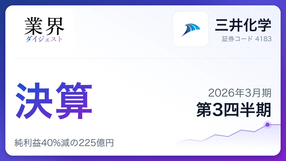 三井化学・2026年3月期Q3、純利益40%減の225億円——市況悪化で通期予想を下方修正、300億円の自社株買い発表