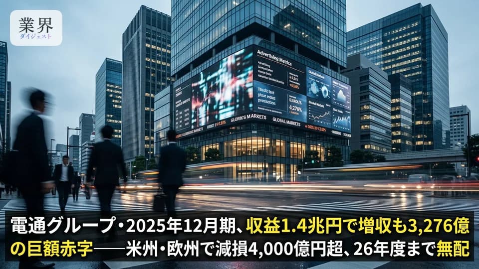 電通グループ・2025年12月期通期、収益1.4兆円も巨額減損で3276億円の最終赤字——国内DXは好調、海外苦戦で無配へ