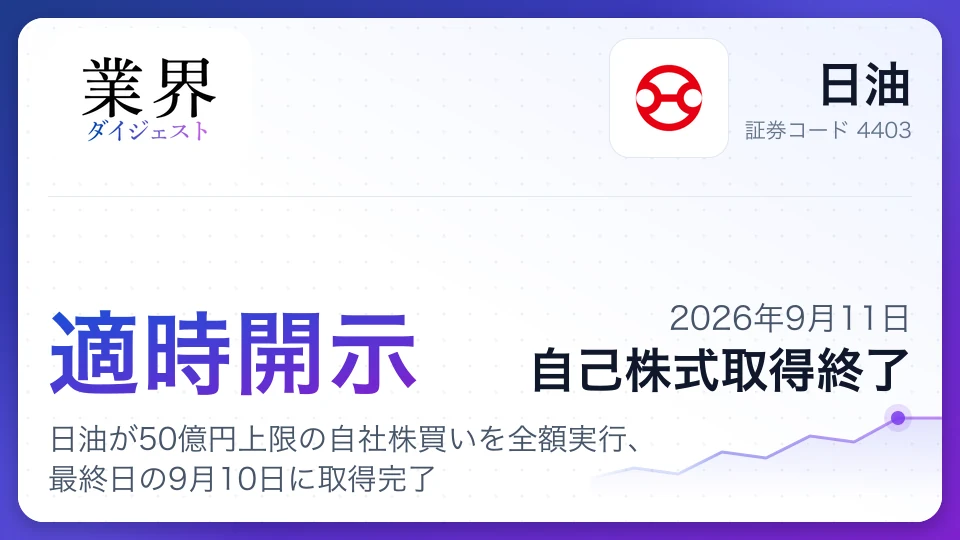 日油が50億円上限の自社株買いを全額実行、最終日の9月10日に取得完了