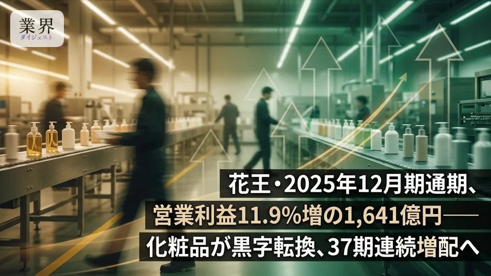花王・2025年12月期通期、営業利益11.9%増の1,641億円——37期連続増配と株式分割を発表、化粧品事業が大幅改善
