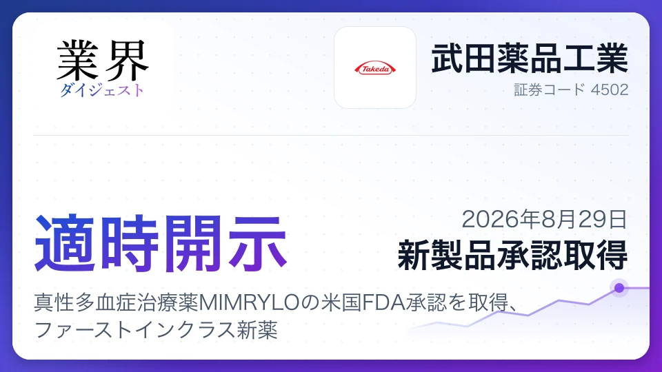 武田薬品、真性多血症治療薬MIMRYLOの米国FDA承認を取得、ファーストインクラス新薬