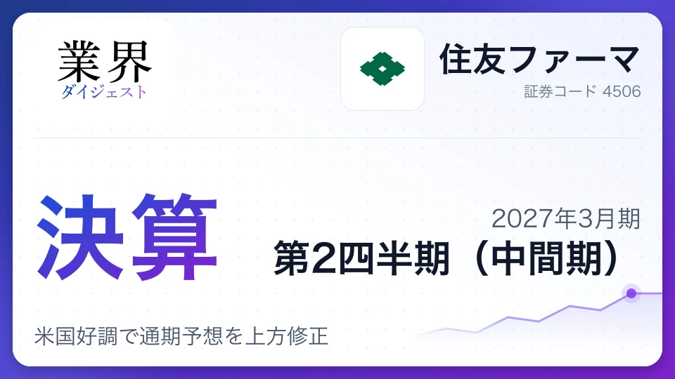住友ファーマ、2027年3月期第2四半期決算、米国好調で通期予想を上方修正