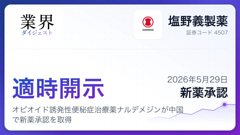 塩野義製薬、オピオイド誘発性便秘症治療薬ナルデメジンが中国で新薬承認を取得