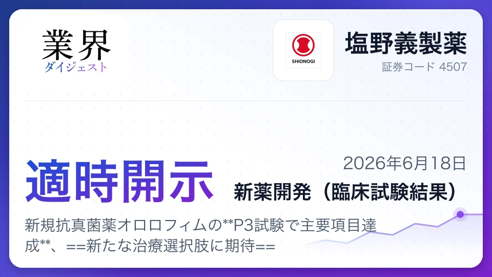 塩野義製薬、新規抗真菌薬オロロフィムのP3試験で主要項目達成、新たな治療選択肢に期待