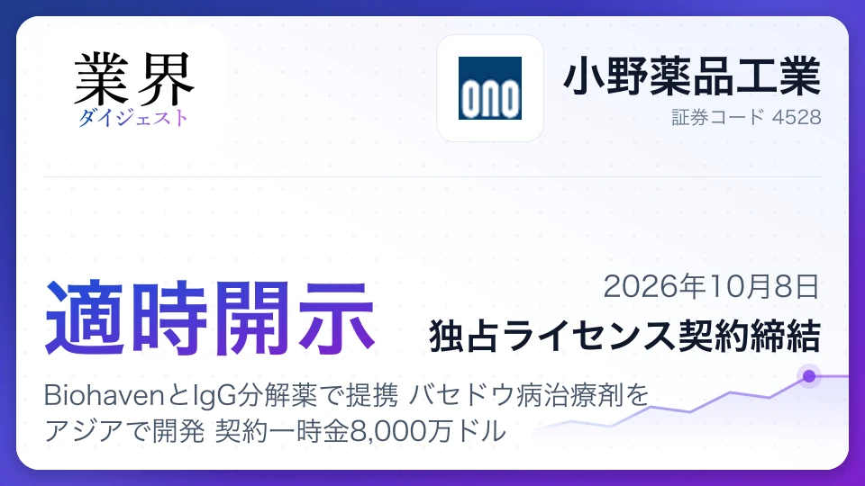 小野薬品、BiohavenとIgG分解薬で提携 バセドウ病治療剤をアジアで開発 契約一時金8,000万ドル