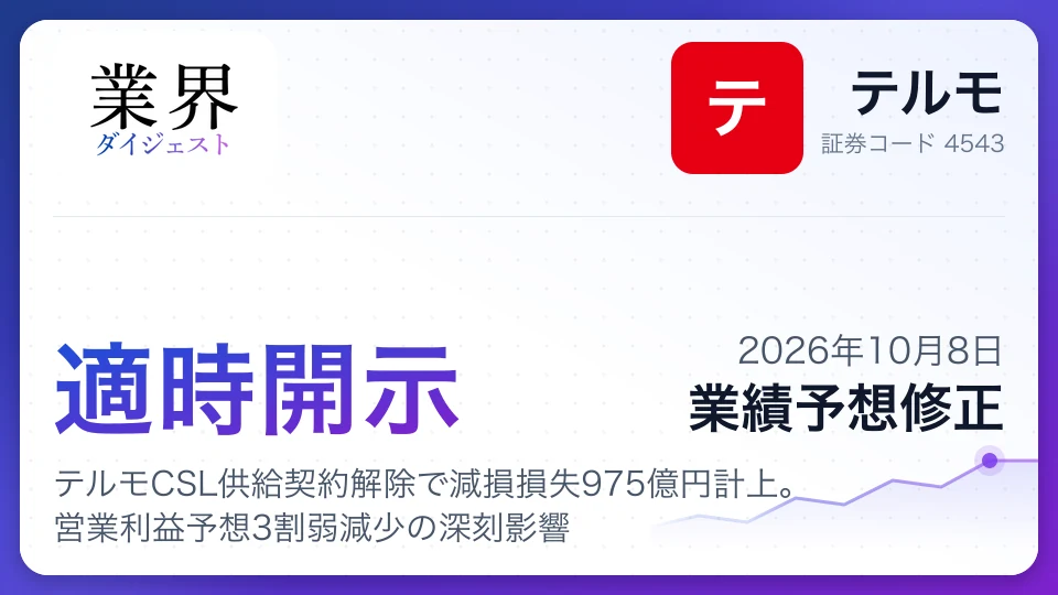 テルモCSL供給契約解除で減損損失975億円計上。営業利益予想3割弱減少の深刻影響
