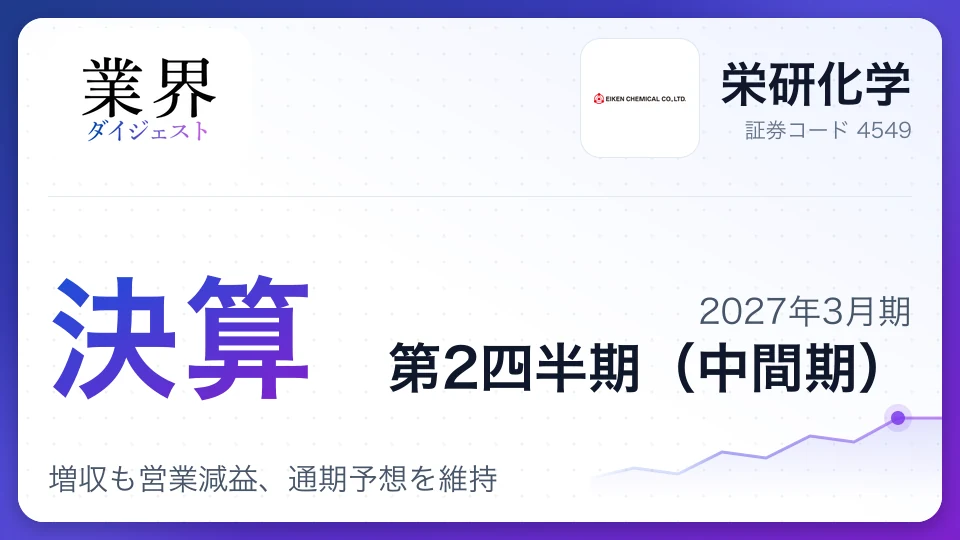 栄研化学、2027年3月期第2四半期決算は増収も営業減益、通期予想を維持